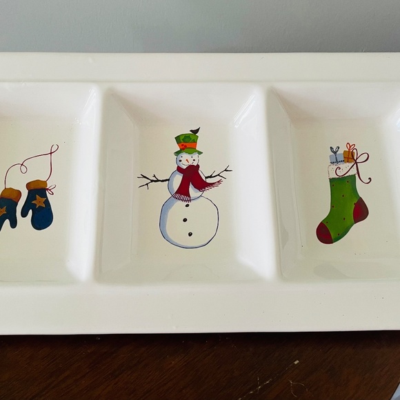White ceramic divided serving tray with hand-painted Christmas designs - Picture 1 of 5